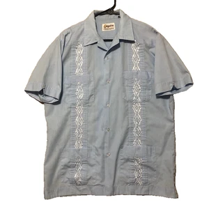 Camisa Guayabera Para Hombres L Azul Abotonada Cubana Rockabilly Campamento Bolos 4 Bolsillos - Imagen 1 de 14