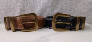 2 J Crew italienischer Ledergürtel BD072 SCHWARZ & BRAUN abgesteppte Messingschnalle KLEIN - Bild 1 von 10