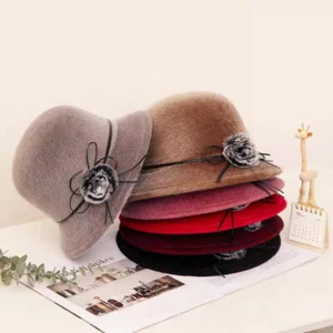 Retro Women Wool Felt Bucket Cap Ladies Cloche Church Bowler Hat Winter Elegant - Picture 1 of 27