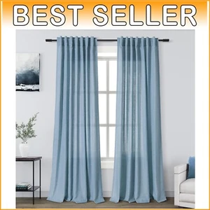 Light Filtering Blue Linen Curtains 84" - Stylish Back Tab Drapery for All Rooms - Picture 1 of 9