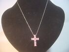 VINTAGE SOLID SILVER VINTAGE 18" CHAIN &PRETTY PINK CUBIC ZIRCONIA CROSS PENDENT