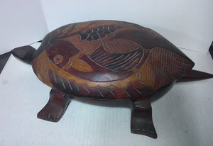 Hand Carved Teak Wood Turtle Trinket Keepsake Box Koi Fish Large 18-1/2" x 9" - Picture 1 of 10