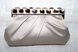 KATE LANDRY EVENING CLUTCH PURSE Gold Frame Satin Beige Ivory Jeweled Three Way - Picture 1 of 11