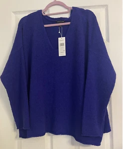 NWT $268 Eileen Fisher Blue Velvet Organic Cotton/Cashmere V-Neck Sweater 1X - Picture 1 of 6