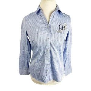 Carolina Herrera Blue Polka Dot Button Shirt Floral Pearls Embroidered Size 8 - Picture 1 of 7