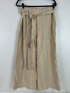 American Eagle Linen Pants Women’s L Tan Wide Leg Stripe Belted Paperbag Waist - Picture 1 of 12