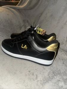 Size: 9.5 Men’s LA Gear Black Leather Sneakers Gold Logo NWT - Picture 1 of 6