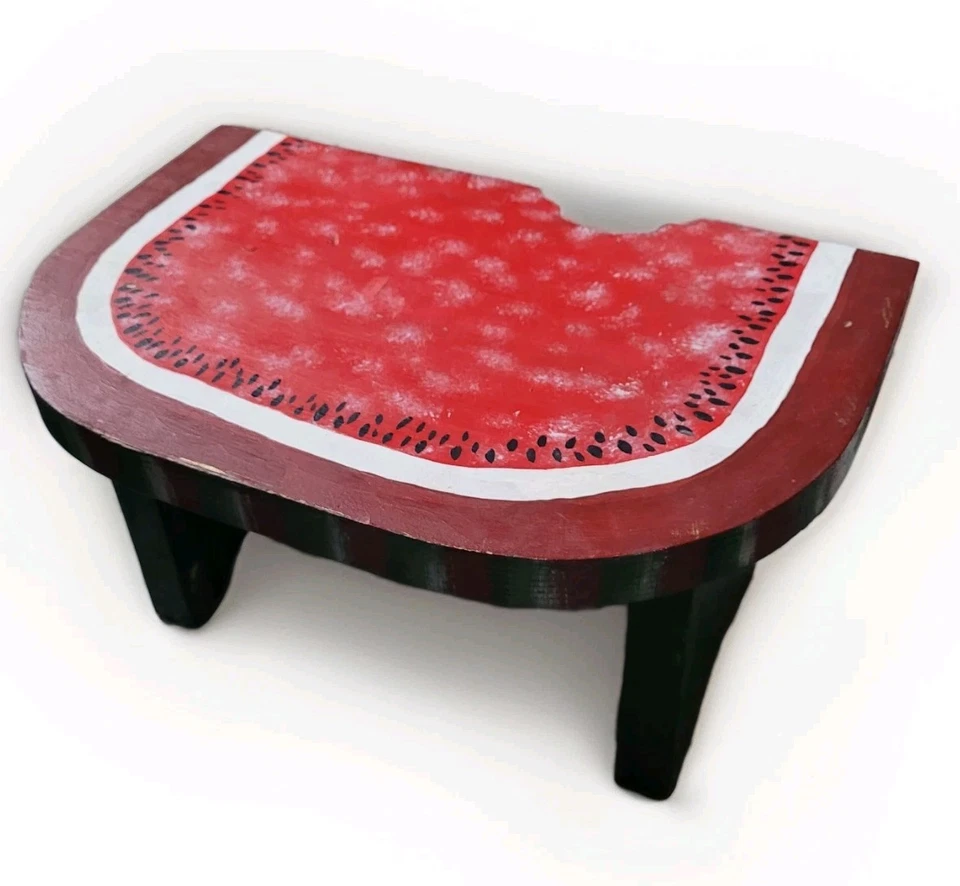 Banqueta infantil vintage anos 80 arte popular primitiva pintada fatia de melancia madeira degrau - Imagem 1 de 4