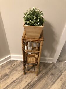 Vintage Wicker Plant Stand & Tissue Box Cover BAMBOO Handmade Tropical 25 x 7”