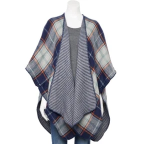 Women's Reversible Super Soft Plaid Ruana Poncho Blue Gray And Orange- One Size - Picture 1 of 8