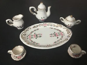 Mini Gold Trim w/Flowers China Tea Pot, Cup and Saucer Set - Picture 1 of 5