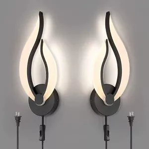 Black Wall Light Modern LED Wall Lamps for Bedrooms Set of 2, Plug in Wall Light - Picture 1 of 9