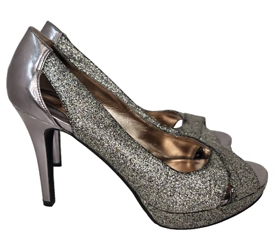 Zapato Alfani Fairfax Plateado Peltre Brillo Tacón Alto Sin Cordones Punta Abierta Talla 6M Foto 1 de 4