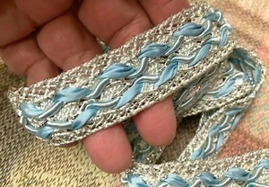 vintage passementerie 1" trim 1920s silk blue silver metallic white 1yd France - Picture 1 of 6