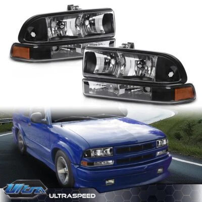 Fit For 1998-2004 Chevy S10 Blazer Black/Amber Corner Headlight Bumper Head Lamp - Image 1 of 4