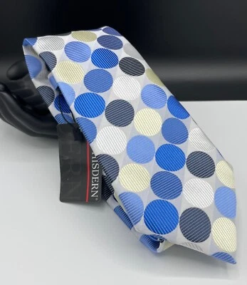 Corbata de cuello para hombre HISDERN ~ blanca y azul ~ patrón de lunares ~ ¡Hecha a mano! Foto 1 de 4