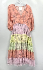 JOHNNY WAS Dress Small Liza Silk Midi Slip Lined Boho Chic Multi Floral Tiered - Picture 1 of 16