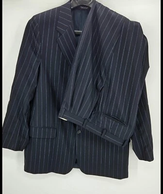 Bachrach 黑色 2 件套套装带蓝色胸针 100% 羊毛西装夹克裤子尺寸 43T  — 第 1/4 张图片