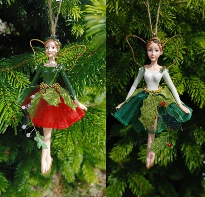 Holly Fairy Gisela Graham Christmas Tree Decoration Resin Red Gold Green Ivy x 2 - Image 1 of 4