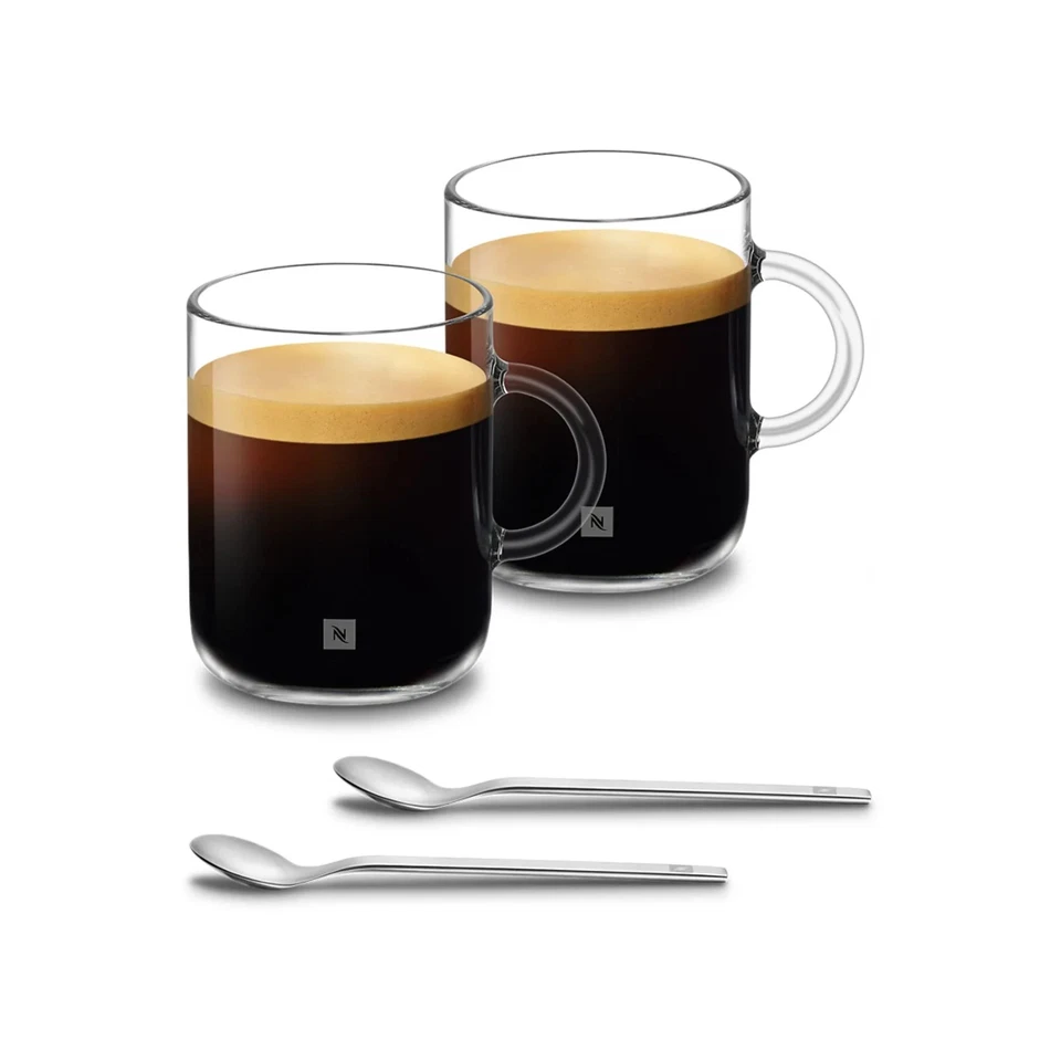 Brand New Nespresso Vertuo Glass Mug & Spoon Set, 390ml 2x Glasses & Spoons
