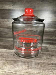 Vintage Tom’s Toasted Peanuts Glass Jar Clear Lid Red Handle Counter Display - Picture 1 of 3