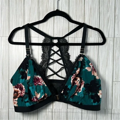 Sujetador para mujer Cacique verde azulado negro floral encaje tiras bralette cierre frontal 44DD Foto 1 de 4