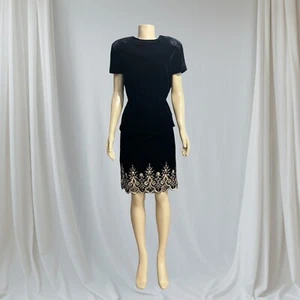 Vintage Union Made Women Oscar De La Renta Dress Size 6 Black Gold Sequin Velour - Picture 1 of 14