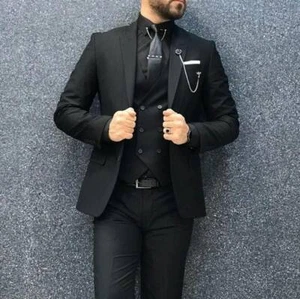 Traje de hombre negro 3 piezas traje de esmoquin a medida fiesta de bodas desgaste pantalones de abrigo de cena - Imagen 1 de 6