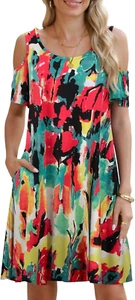 Womens plus Size Dresses Short Sleeve Cold Shoulder Casual T Shirt Swing Dress S - Picture 1 of 12