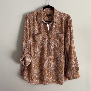 Talbots Women XLP Mauve Paisley Roll Tab Sleeves Button-Front Soft Shirt NWT - Picture 1 of 9