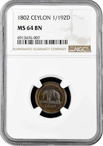 Ceylon 1/192 rixdollar 1802, NGC MS64 BN, "King George III (1802-1820)" Top Pop - Picture 1 of 2