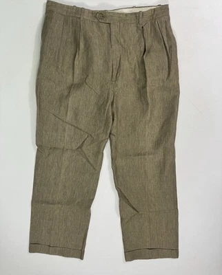 Paul Stuart Dress Pants Men 36x29 Beige Linen Pleated Cuffed Suspender Buttons - Image 1 of 4