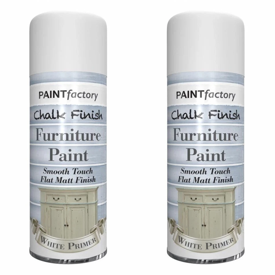 x2 Paint Factory Multi-Purpose Chalk Spray Paint 400ml White Primer Matt - Image 1 of 1