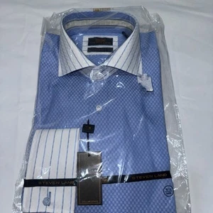 Steven Land Men’s Slim Fit Dress Shirt 15.5 34/35 Blue Check Stripe NWT - Picture 1 of 6