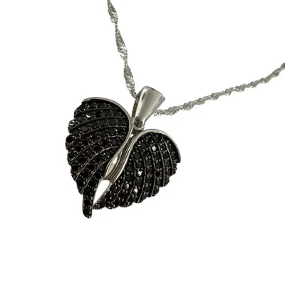 .68ctw Black Spinel Opening Angel Wing Heart Sterling Silver Necklace - Image 1 of 4