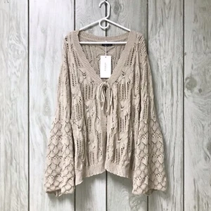BloomChic Women Beige Cutout Crochet Knit Tie Front Bell Sleeve Cardigan 28/5X - Picture 1 of 4