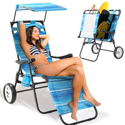 Silla de playa plegable tumbona reclinable con toldo y carro de mano tumbona 2 en 1 Foto 1 de 4