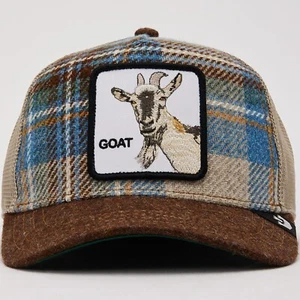Goorin Animal Farm Trucker Baseball Snapback Hat Cap Moon Goat Tan Plaid Wool - Picture 1 of 4