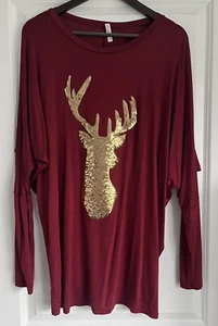 Celeste Damen Gr. 1XL Bedrucktes Hirsch Langarm U-Boot Ausschnitt Top/Tunika Rot Viskose - Bild 1 von 7