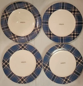 "Juego de 4 platos de cena Mikasa azul tartán 11"" difícil de encontrar juego a cuadros vacaciones" - Imagen 1 de 11