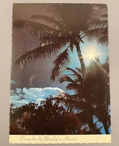 Vtg Deckled Edge Mirro-Krome Postcard Unposted 'Cocopalms by Moonlight Hawaii' - Picture 1 of 2
