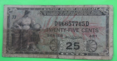 US, 25 CENTS, MILITARY PAYMENT CERTIFICATE, P#M24, SERIES 481, ND(1951) - Image 1 of 2