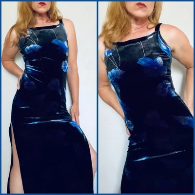 Maxi Vestido Para Mujer Vintage Años 90 Y2K Rampage Negro Azul Floral Terciopelo Talla S EE. UU. Foto 1 de 4