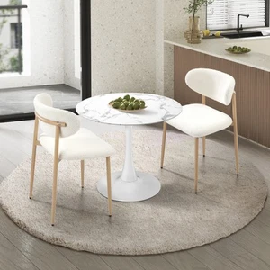 Oikiture 60cm Round Dining Table with 2x Dining Chairs Boucle White - Picture 1 of 10