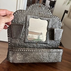 Antique Victorian Tin Fireplace Mantel Mirror Double Match Holder w Flowers - Picture 1 of 8
