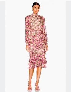 Saloni Isa geblümtes Seidenkleid Damen Gr. 6 rosa gelb Rouge Petunie Midi Rüschen - Bild 1 von 13