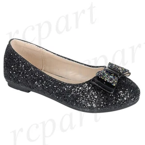 New girl's kids slip on glitter bow flower girl dress shoes formal wedding Black - Picture 1 of 1