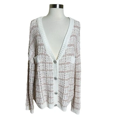 Venus Cardigan Womens Medium White Pink Metallic Knit Tweed Rhinestone Buttons - Image 1 of 4