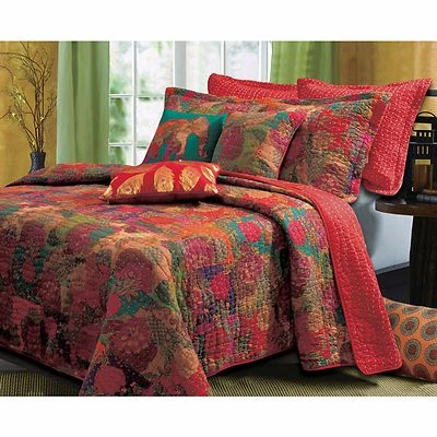 BEAUTIFUL EXOTIC RED TEAL GREEN PALM BLUE PURPLE AQUA GLOBAL TROPICAL QUILT SET