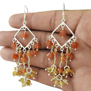 Gift For Her 925 Silver Natural Carnelian Drop/Dangle Bohemian Earrings E27 - Picture 1 of 4